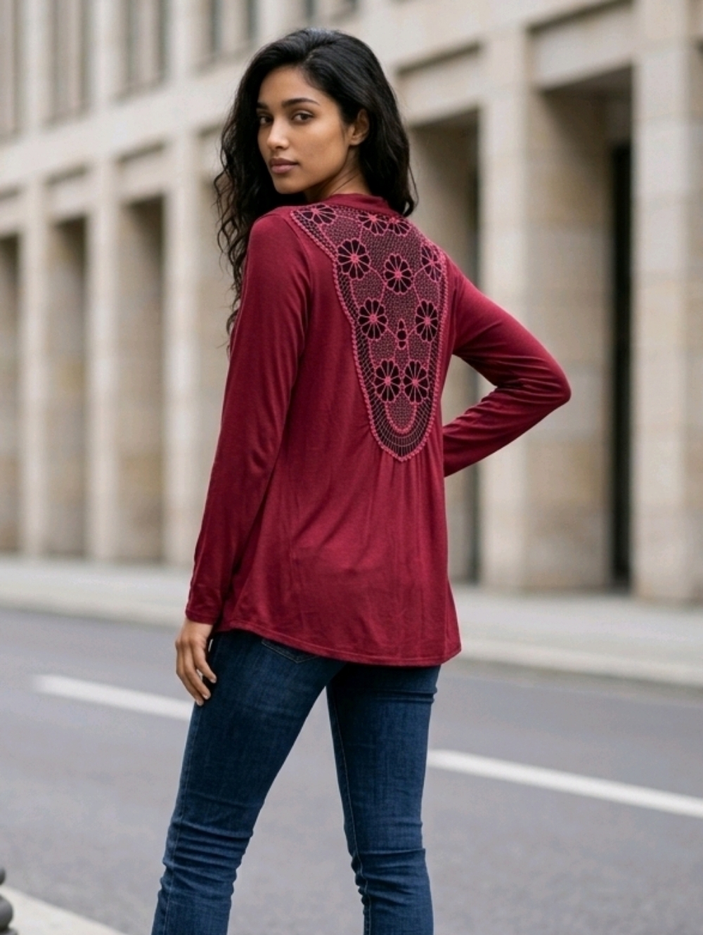 Always Indigo Burgundy Open Front Cardigan Crochet Lace Back Drape Top 2X Soft